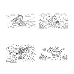 Set of four cute dinosaur coloring pages for kids featuring various prehistoric creatures in natural landscapes © MSTALEMA
