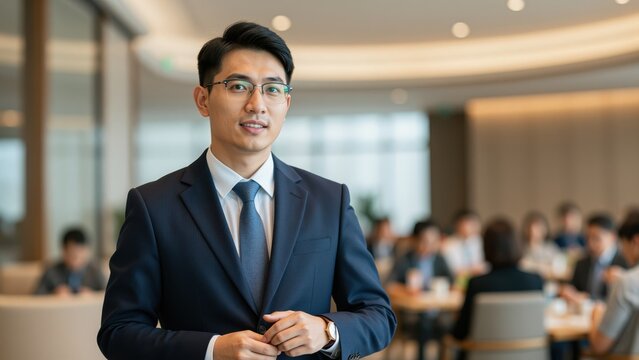 Confident Executive: A focused Asian businessman in a sharp suit and tie stands confidently in a modern office environment, with blurred colleagues in the background.