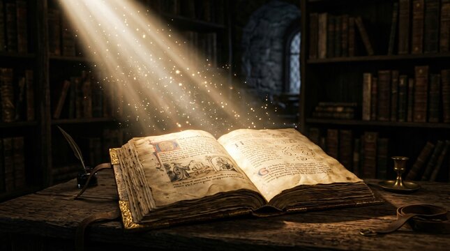 Livre ancien ouvert enlumin&eacute; par un rayon de lumi&egrave;re magique dans une biblioth&egrave;que antique, symbole de savoir, de culture et d'apprentissage pour la rentr&eacute;e scolaire.