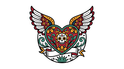 Fototapeta premium Heart with Wings and Sugar Skull Art