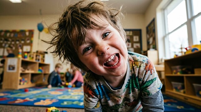 Enfant espi&egrave;gle faisant une grimace amusante en classe d'&eacute;cole maternelle, rentr&eacute;e scolaire dynamique, petit gar&ccedil;on joyeux &agrave; la garderie.