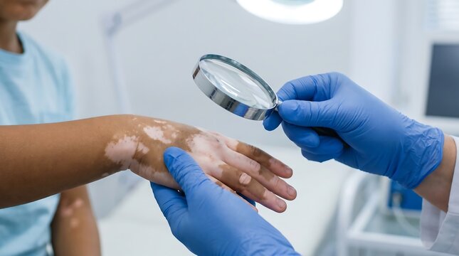 Clinical Dermatologist Examining Vitiligo on Child's Hand with Magnifying Glass During Skin Assessment