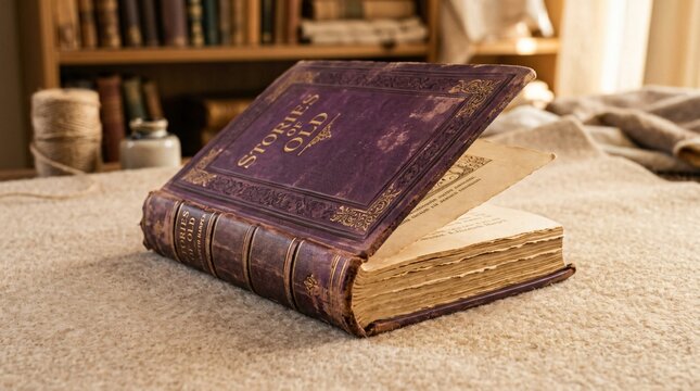 Vieux livre violet de contes anciens ouvert sur une table pour la rentr&eacute;e scolaire, ambiance litt&eacute;raire, histoire et apprentissage en biblioth&egrave;que.