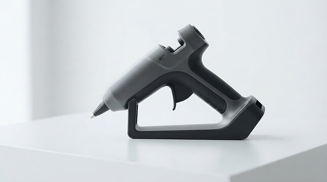 Cordless glue gun resting on a white stand.