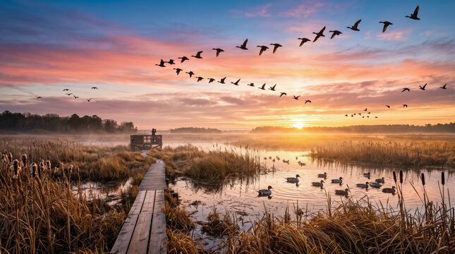 Flock migrating over autumn wetland
