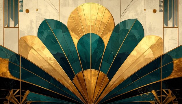 Peacock Art Deco illustration. Elegant golden feathers pattern with vintage luxury style.