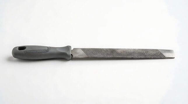 Sharp metal file tool with black handle on white background.