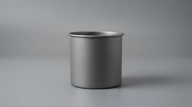 Empty metal container on a plain grey surface.
