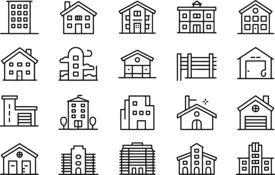 Collection of various architectural building icons in simple line art style