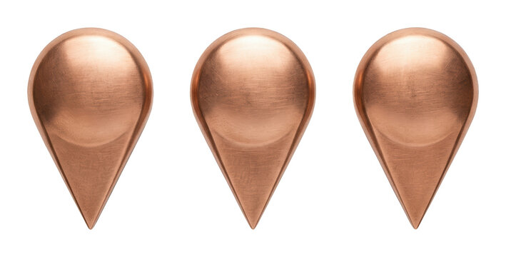 Three brushed copper map pins arranged in a row with a metallic texture isolated transparent background image