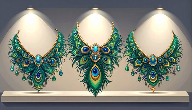 Elegant peacock feather jewelry illustration set on display. Luxurious emerald and sapphire gemstone necklaces with ornate decorative motifs.