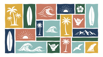 Obraz premium Vintage surf culture vector collection featuring palm trees ocean waves sunrises and surfboards in colorful tiles, illustrating beach lifestyle branding, provides aesthetic retro posters