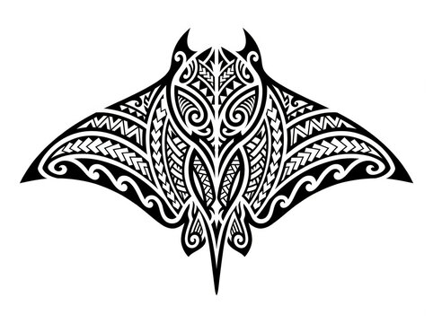 Black and white tribal manta ray tattoo design with traditional polynesian art