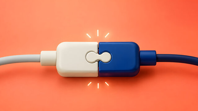 White and blue puzzle cable connectors joining with sparks on orange background. Concept of business integration and strategic partnership synergy.