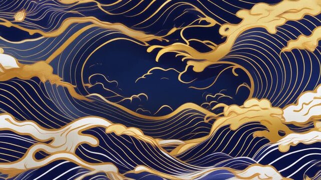 Golden Japanese wave pattern flowing gracefully in indigo and white