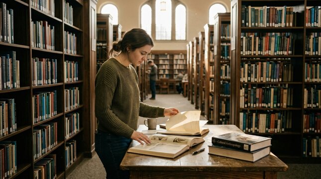 Jeune &eacute;tudiante feuilletant un grand manuel dans une biblioth&egrave;que universitaire, concentr&eacute;e sur ses recherches et r&eacute;visions pour la rentr&eacute;e scolaire.