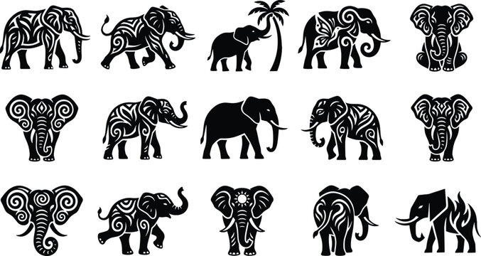 Collection of ornate elephant silhouettes featuring intricate tribal patterns and swirl details isolated on white background for decorative ethnic vector design elements
