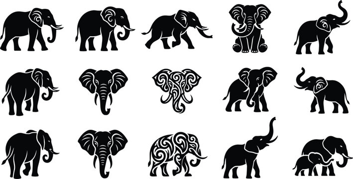 Set of black elephant silhouettes and tribal stylized vector icons isolated on a white background for decorative graphic design elements
