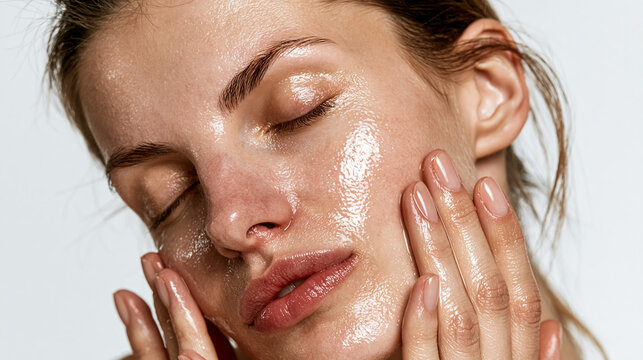 Close Up of Woman with Glowing Wet Skin Touching Face