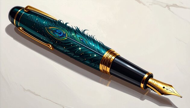 Peacock fountain pen with gold trim. Elegant writing instrument with ornate feather design.