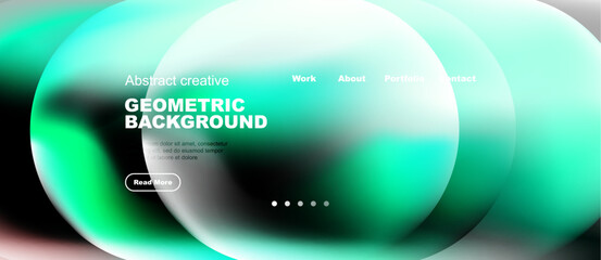 Naklejka premium Abstract geometric background features vibrant teal, green hues. Minimalist design includes text elements, navigation options, button. Modern aesthetic.