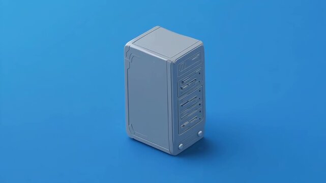 Server Tower Rotating Slowly Against Clean Blue Background with Subtle Lighting Shifts