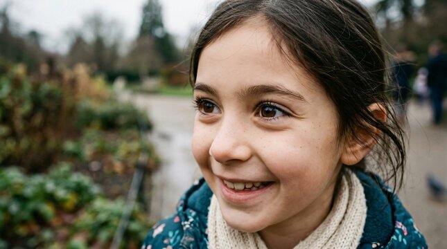 Sourire radieux d'une fillette heureuse pour la rentr&eacute;e scolaire, portrait en ext&eacute;rieur d'une &eacute;coli&egrave;re enthousiaste portant une &eacute;charpe en automne, &eacute;panouissement.
