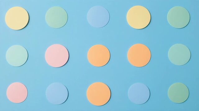 Soft pastel circles arranged in rows on a light blue background with subtle shadows providing depth