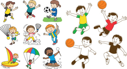 Fototapeta premium Kids Sports Vector Set Happy Children Playing Basketball Soccer Badminton Sailing and Paragliding Cartoon Illustration
