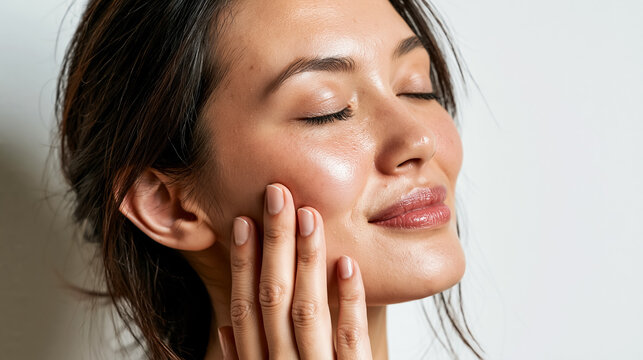 Close Up of Woman Touching Radiant Cheek with Closed Eyes