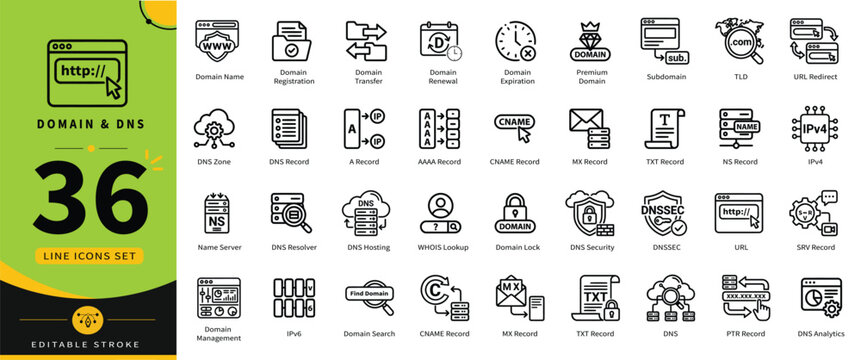 Domain and DNS line icons for web hosting, server configuration, and network security UI essentials. Editable stroke vector illustration.