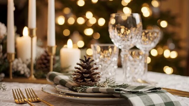 Elegant christmas table setting with candles, pinecones, and crystal glassware in a festive dining room with bokeh lights