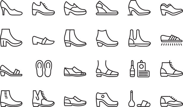 Variety of stylish shoe icons including heels sandals boots and sneakers isolated design