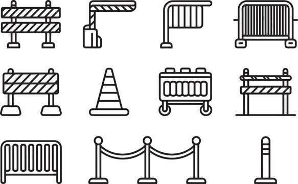 Various construction and safety barrier icons isolated on transparent background