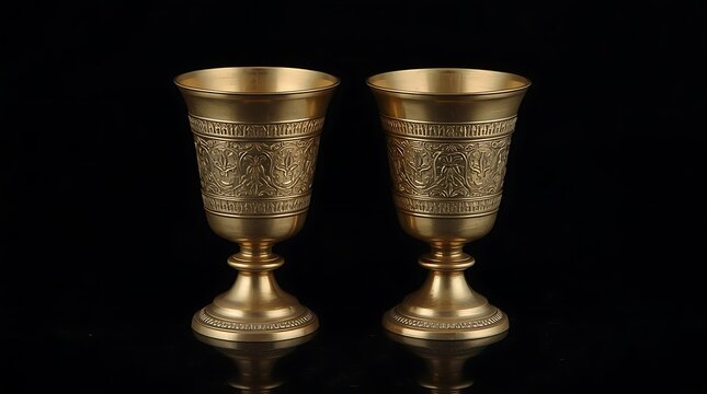 Two antique ornate golden goblets on a black background.