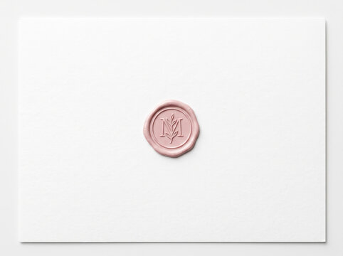 Pink wax seal with letter m monogram on a closed envelope