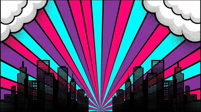 Modern cyan skyline combined with pink radial sunburst rays for energetic city-themed backgrounds, advertisements, websites, and promotional materials.