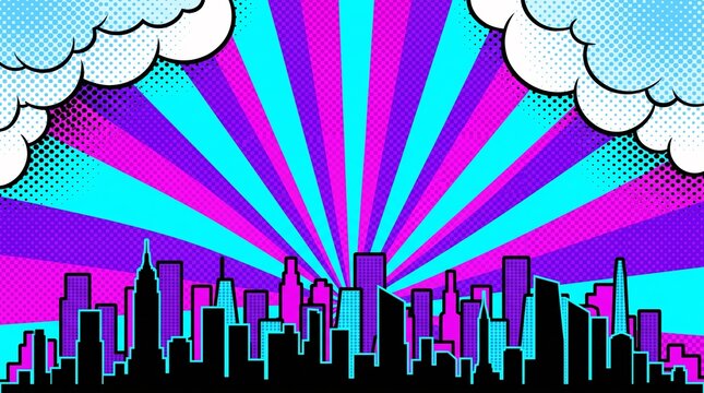 Creative purple and cyan city skyline with energetic radial sunburst rays. Great for promotional banners, presentations, entertainment graphics, and social media content.