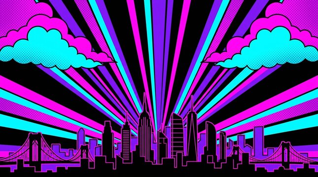 Purple neon skyline featuring bold comic clouds and vibrant radial rays. Perfect for creative branding, entertainment graphics, posters, and social media campaigns.