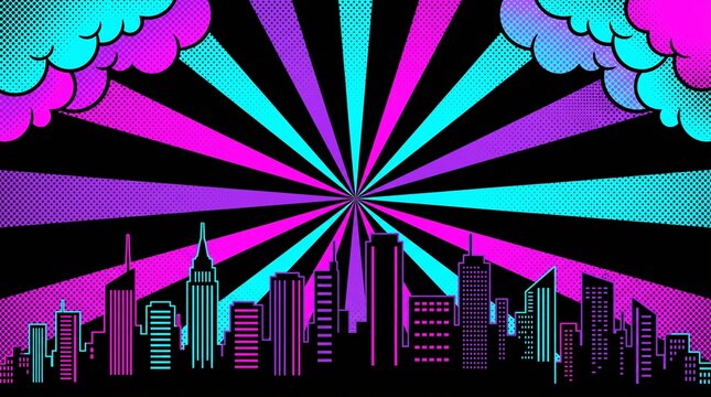 Retro-inspired downtown skyline with cyan and purple radial rays. A bold urban background ideal for music festivals, gaming, advertising, and digital artwork.