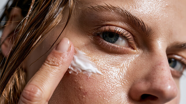 Woman with Wet Hair Applying Cream Under Eye Skincare Close Up