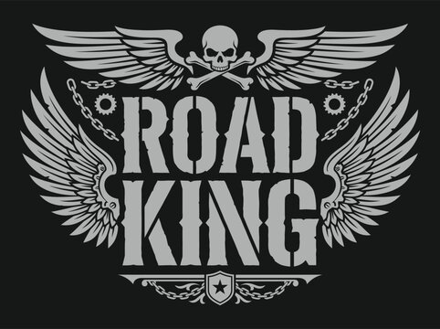 Road king biker emblem with skull wings and motorcycle chain
