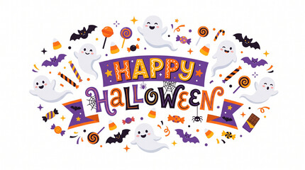 Fototapeta premium A colorful happy halloween featuring ghosts, bats, candy, and spider webs, arranged in a ad social media download thambnail poster web template event festival 2026 2027 2028