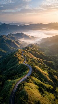 Aerial view of a winding road through lush green rolling hills covered in morning mist at sunrise