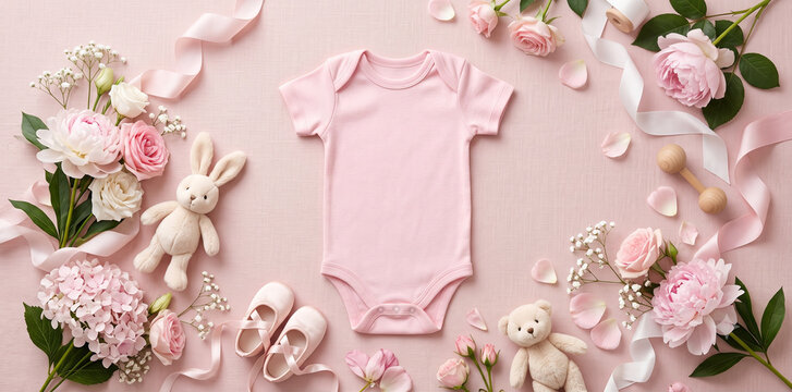 Baby pink girl infant bodysuit mockup with cute stuff kept around and decorated for aesthetic overall look