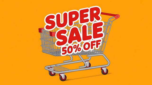 Colorful super sale fifty percent discount shopping cart promotional banner illustration