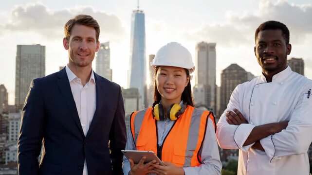 Diverse professionals standing together in front of city skyline