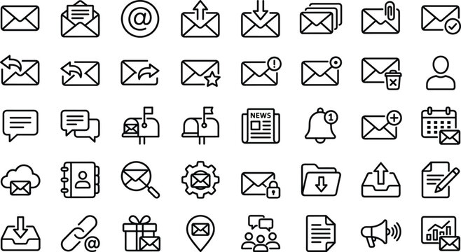 Email and communication line icons set featuring envelopes mailboxes newsletters notifications cloud messages chat bubbles and digital marketing symbols