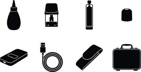 Minimalist black silhouette icon set of everyday office and travel accessories including bottles, cables, cases, and portable devices for modern design use © MdMorsalin