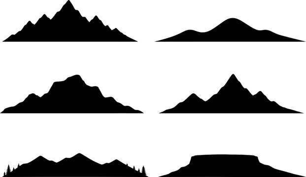 Set of black mountain ridge silhouettes in various shapes and heights isolated on a clean white background